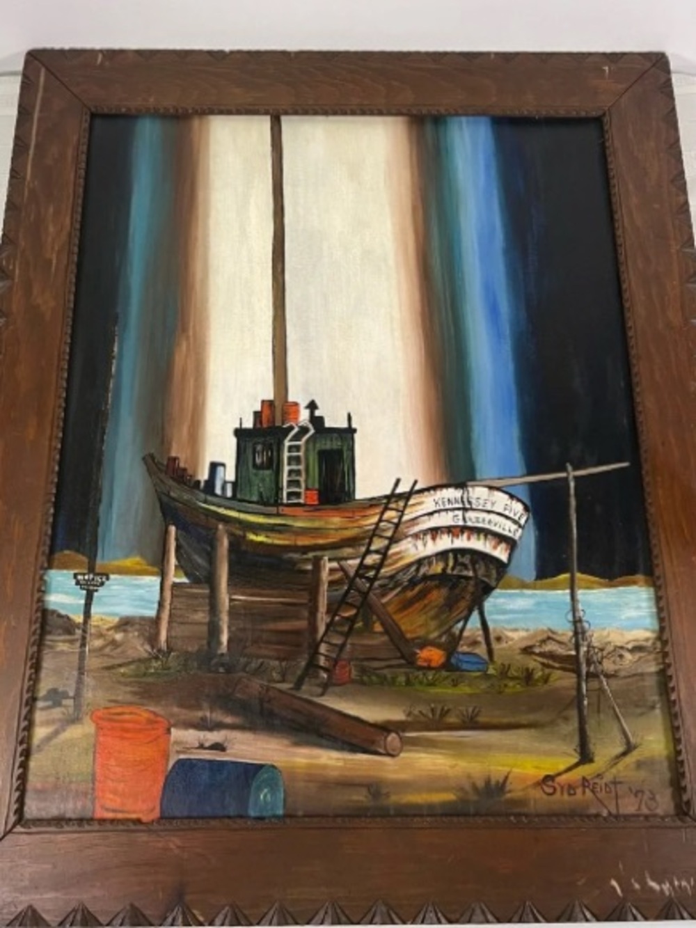 VTG 70s Folk Art Boat Oil Painting Syd Reidt Nautical Rustic Framed Mid Century